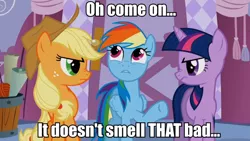 Size: 858x484 | Tagged: safe, derpibooru import, edit, edited screencap, screencap, applejack, rainbow dash, twilight sparkle, earth pony, pegasus, pony, unicorn, caption, carousel boutique, female, glare, image macro, implied farting, mare, raised hoof