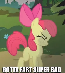 Size: 600x676 | Tagged: safe, derpibooru import, edit, edited screencap, screencap, apple bloom, earth pony, pony, caption, eyes closed, female, filly, image macro, need to fart, solo, text
