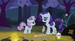 Size: 853x469 | Tagged: safe, derpibooru import, screencap, rarity, sweetie belle, pony, unicorn, campfire, duo, duo female, eye contact, female, filly, looking at each other, mare, youtube caption