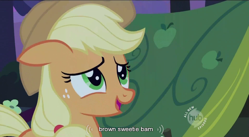 Size: 851x471 | Tagged: safe, derpibooru import, screencap, applejack, earth pony, pony, female, mare, solo, youtube caption