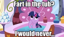 Size: 575x333 | Tagged: safe, derpibooru import, edit, edited screencap, screencap, twilight sparkle, pony, unicorn, bathtub, caption, female, implied farting, mare, solo, twilight fartle