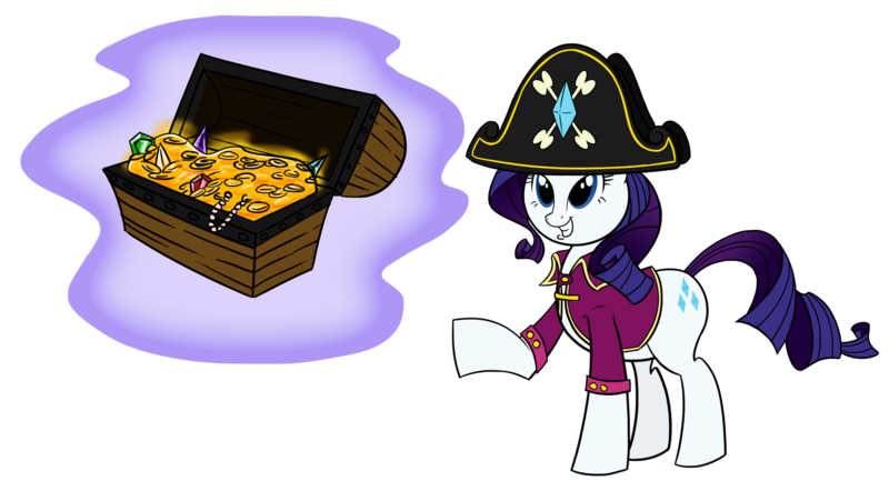 Size: 1631x902 | Tagged: dead source, safe, artist:sir-dangereaux, derpibooru import, rarity, pony, unicorn, bicorne, chest, clothes, costume, female, gem, hat, mare, newbie artist training grounds, photoshop, pirate, pirate rarity, simple background, solo, transparent background, treasure, treasure chest