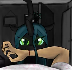 Size: 1997x1941 | Tagged: semi-grimdark, artist:xyi, derpibooru import, queen chrysalis, changeling, changeling queen, human, arm, biting, blood, changeling feeding, cute, cutealis, fangs, female, frown, grimcute, image, kitchen eyes, lidded eyes, looking at you, male, ouch, png, pov, quadrupedal, signature, vampirism