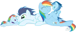 Size: 1280x542 | Tagged: safe, artist:kumkrum, derpibooru import, rainbow dash, soarin', oc, oc:ragtag, oc:shooting star, pegasus, pony, baby, baby pony, boop, cute, daaaaaaaaaaaw, eye contact, eyes closed, family, female, hnnng, hug, male, mare, noseboop, nuzzling, offspring, on back, open mouth, parent:rainbow dash, parent:soarin', parents:soarindash, prone, shipping, simple background, smiling, soarinbetes, soarindash, stallion, straight, transparent background, vector