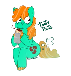 Size: 500x536 | Tagged: safe, artist:rosiehasasoul, derpibooru import, oc, unofficial characters only, earth pony, pony, burrito, eating, fart, female, food, mare, puffy cheeks, simple background, sitting, tooty poots, transparent background