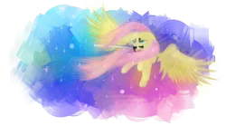 Size: 4500x2500 | Tagged: safe, artist:amethysthorn, derpibooru import, fluttershy, pegasus, pony, abstract background, female, floppy ears, flying, mare, mouth hold, solo, sword, weapon, windswept mane