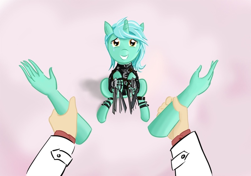 Size: 1048x736 | Tagged: safe, artist:v-invidia, derpibooru import, lyra heartstrings, pony, unicorn, crossover, crying, edward scissorhands, female, grin, hand, humie, implications, looking at you, mare, offscreen character, parody, pov, sitting, smiling, tears of joy, that pony sure does love hands, this will end in tears and/or death, tim burton, unfortunate implications, vincent price