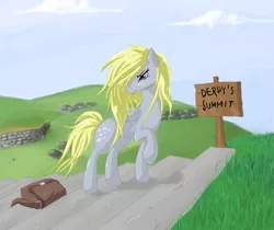 Size: 1081x910 | Tagged: safe, artist:v-invidia, derpibooru import, derpy hooves, pegasus, pony, bag, female, grass, mare, messy mane, raised hoof, sign, solo, stairs