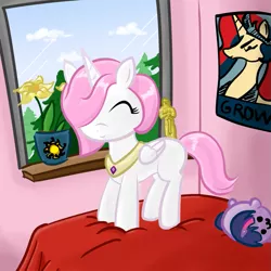 Size: 825x825 | Tagged: safe, artist:v-invidia, derpibooru import, princess celestia, twilight sparkle, alicorn, pony, bed, bedroom, cewestia, cute, duo, eyes closed, filly, flower, foal, pink-mane celestia, plushie, poster, solo, younger