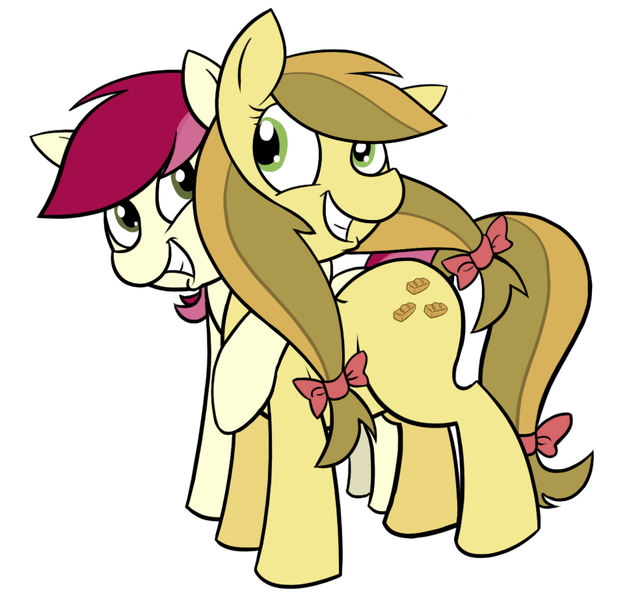 Size: 967x922 | Tagged: dead source, safe, artist:sir-dangereaux, derpibooru import, apple strudely, roseluck, earth pony, pony, apple family member, cute, female, grin, happy, hug, lesbian, mare, photoshop, rarepair, rosestrudely, shipping, simple background, smiling, white background