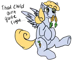 Size: 703x594 | Tagged: artist needed, safe, derpibooru import, oc, unofficial characters only, pegasus, pony, carrot, female, food, magical lesbian spawn, mare, offspring, parent:carrot top, parent:derpy hooves, parents:derpytop, simple background, smiling, solo, transparent background