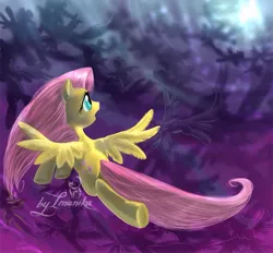 Size: 800x743 | Tagged: safe, artist:imanika, derpibooru import, fluttershy, pegasus, pony, hurricane fluttershy, 2012, brave, female, flying, hurricane, mare, open mouth, semi-realistic, solo focus, storm, story included, windswept mane, worried