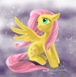 Size: 757x766 | Tagged: safe, artist:imanika, derpibooru import, fluttershy, pegasus, pony, abstract background, female, looking back, mare, sitting, solo