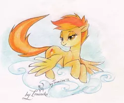 Size: 543x449 | Tagged: safe, artist:imanika, derpibooru import, spitfire, pegasus, pony, alternate hairstyle, cloud, cloudy, cutie mark, eyeshadow, female, floppy ears, hooves, lidded eyes, looking at you, lying on a cloud, makeup, mare, on a cloud, prone, simple background, smiling, solo, spread wings, traditional art, white background, wings