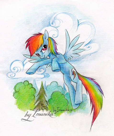 Size: 476x570 | Tagged: safe, artist:imanika, derpibooru import, rainbow dash, pegasus, pony, female, flying, mare, signature, solo, traditional art