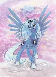 Size: 442x615 | Tagged: safe, artist:imanika, derpibooru import, princess luna, alicorn, pony, female, mare, raised hoof, s1 luna, solo, traditional art