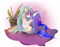 Size: 1200x942 | Tagged: safe, artist:v-invidia, derpibooru import, princess celestia, princess luna, alicorn, pony, duo, duo female, eyes closed, female, mare, messy mane, sisters, sitting, smiling