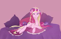 Size: 1501x959 | Tagged: safe, artist:v-invidia, derpibooru import, princess cadance, alicorn, pony, bed, bedroom eyes, female, honeymoon, looking at you, mare, messy hair, messy mane, missing accessory, prone, smiling, solo