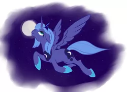 Size: 1445x1051 | Tagged: safe, artist:rubrony, derpibooru import, princess luna, alicorn, pony, female, floppy ears, flying, lidded eyes, mare, moon, night, s1 luna, smiling, solo