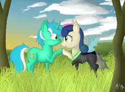 Size: 2448x1809 | Tagged: dead source, safe, artist:mostlyponyart, derpibooru import, bon bon, lyra heartstrings, sweetie drops, changeling, pony, unicorn, bon bon is best changeling, eye contact, female, grass, lesbian, looking at each other, lyrabon, mare, shipping, smiling