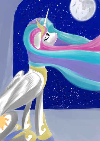 Size: 724x1024 | Tagged: safe, artist:rubrony, derpibooru import, ponibooru import, princess celestia, alicorn, pony, female, floppy ears, looking up, mare, mare in the moon, moon, night, peytral, princess, sad, sitting, solo, stars