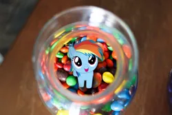 Size: 500x333 | Tagged: safe, artist:normanb88, derpibooru import, edit, rainbow dash, pegasus, pony, cute, dashabetes, female, filly, filly rainbow dash, foal, jar, looking at you, looking up, m&m's, open mouth, photo, pony in a bottle, skittles, smiling, solo, trace, vector