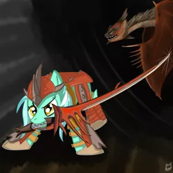 Size: 1000x1000 | Tagged: safe, artist:cheshiresdesires, derpibooru import, lyra heartstrings, dragon, pony, unicorn, armor, crossover, female, mare, monster hunter, mouth hold, rathalos, sword, weapon