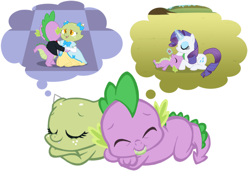 Size: 900x620 | Tagged: artist:queencold, clothes, derpibooru import, dragon, dragoness, dragon oc, dream, dress, female, male, oc, oc:jade, rarity, safe, simple background, sleeping, smiling, spike, transparent background