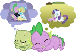 Size: 900x620 | Tagged: artist:queencold, clothes, derpibooru import, dragon, dragoness, dragon oc, dream, dress, female, male, oc, oc:jade, rarity, safe, simple background, sleeping, smiling, spike, transparent background
