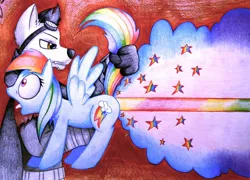 Size: 1280x920 | Tagged: safe, artist:twintailsinc, derpibooru import, rainbow dash, anthro, pegasus, anthro with ponies, duo, fart, female, furry, image, jpeg, mr. toots, rainbow, rainbow fart, red faction armageddon, tail, tail lift, tail pull, tongue out, traditional art