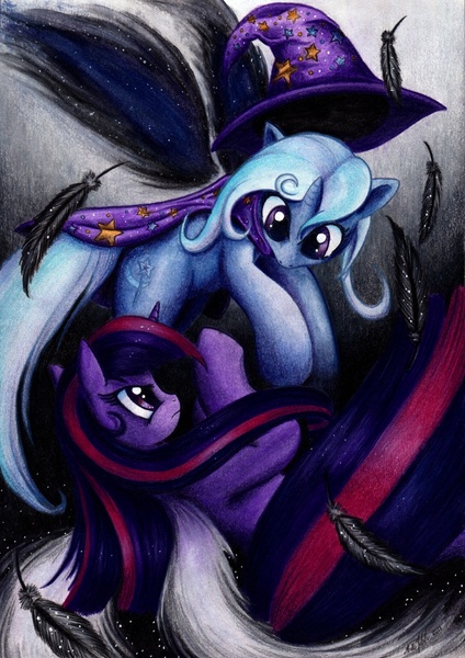 Size: 900x1273 | Tagged: safe, artist:lavosvsbahamut, derpibooru import, trixie, twilight sparkle, alicorn, pony, unicorn, alicornified, artificial wings, augmented, cape, clothes, colored pencil drawing, coloured pencil, duel, duel of the fates, duo, duo female, feather, female, fight, flying, frown, hat, magic, magic wings, mare, pencil, photoshop elements, race swap, traditional art, trixie's cape, trixie's hat, trixiecorn, watercolor painting, watercolour, wings