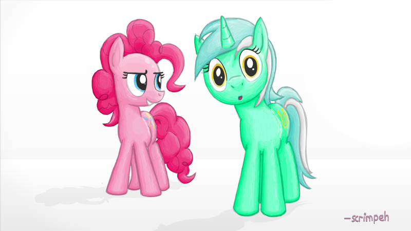 Size: 1280x720 | Tagged: safe, artist:scrimpeh, derpibooru import, lyra heartstrings, pinkie pie, earth pony, pony, unicorn, duo, duo female, female, looking at you, mare