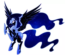 Size: 1127x949 | Tagged: dead source, safe, artist:sir-dangereaux, derpibooru import, nightmare moon, alicorn, pony, action pose, armor, ethereal mane, female, glowing eyes, hoof shoes, mare, photoshop, rearing, simple background, solo, spread wings, starry mane, white background, white eyes, wings