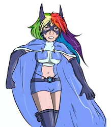 Size: 985x1132 | Tagged: artist needed, cape, clothes, dc comics, derpibooru import, female, gritted teeth, human, humanized, huntress, rainbow dash, safe, simple background, solo, white background