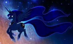 Size: 1423x852 | Tagged: dead source, safe, artist:sir-dangereaux, derpibooru import, princess luna, alicorn, pony, female, flying, mare, photoshop, profile, solo, space, stars