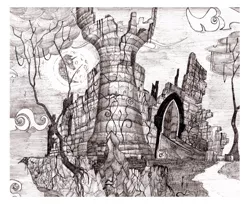 Size: 800x654 | Tagged: artist:konsumo, background, castle of the royal pony sisters, derpibooru import, mare in the moon, monochrome, moon, no pony, old castle ruins, pencil drawing, ruins, safe, scenery, traditional art