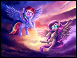Size: 1280x968 | Tagged: safe, artist:mn27, artist:mylafox, derpibooru import, fluttershy, rainbow dash, pegasus, pony, cloud, duo, duo female, female, flying, looking at each other, mare, sky, smiling
