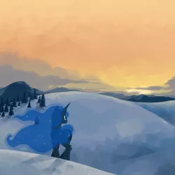 Size: 800x800 | Tagged: safe, artist:naroclie, derpibooru import, princess luna, alicorn, pony, dusk, female, mare, scenery, snow, solo, sunset