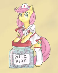 Size: 570x726 | Tagged: safe, artist:shiaran, derpibooru import, posey, earth pony, pony, bipedal, bipedal leaning, clothes, female, g1, g1 to g4, generation leap, leaning, mare, nurse, paint tool sai, pills here, simple background, solo, yellow background