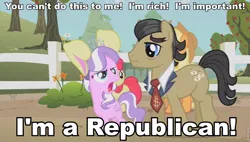 Size: 843x480 | Tagged: safe, derpibooru import, edit, edited screencap, screencap, apple bloom, applejack, diamond tiara, filthy rich, earth pony, pony, family appreciation day, duo, father and daughter, female, fence, filly, male, mare, politics, republican, stallion, tiny toon adventures