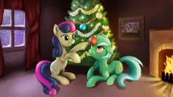 Size: 1920x1080 | Tagged: safe, artist:br0ny, derpibooru import, bon bon, lyra heartstrings, sweetie drops, earth pony, pony, unicorn, christmas, christmas ornament, christmas tree, decoration, female, fire, fireplace, inside, lesbian, lyrabon, mare, prone, shipping, smiling, snow, snowfall, tree, winter