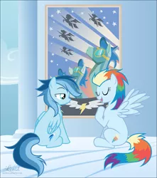 Size: 1723x1949 | Tagged: safe, artist:kumkrum, derpibooru import, oc, oc:ragtag, oc:shooting star, unofficial characters only, pegasus, pony, duo, duo female, female, mare, offspring, older, parent:rainbow dash, parent:soarin', parents:soarindash, sisters, sitting, wonderbolts, wonderbolts poster