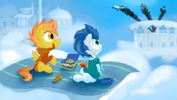 Size: 1536x864 | Tagged: safe, artist:rubrony, derpibooru import, soarin', spitfire, pegasus, pony, clothes, cloud, cloudsdale, colt, filly, flying, foal, food, hoodie, lunchbox, male, picnic blanket, pie, pointing, scarf, scenery, sitting, uniform, wonderbolts, wonderbolts uniform, younger