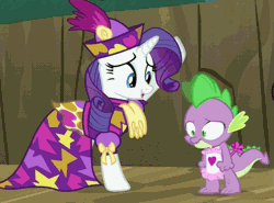 Size: 635x470 | Tagged: safe, derpibooru import, screencap, rarity, spike, dragon, pony, unicorn, dragon quest, animated, apron, camouflage, clothes, dress, duo, female, friendzone, male, mare, naked apron, sproing, trench