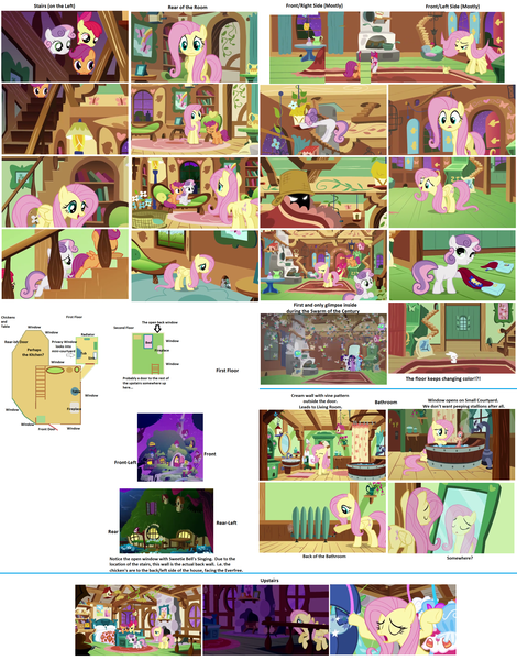 Size: 2600x3320 | Tagged: safe, artist:aurebesh, derpibooru import, screencap, apple bloom, fluttershy, philomena, scootaloo, sweetie belle, earth pony, pegasus, phoenix, pony, unicorn, a bird in the hoof, stare master, swarm of the century, cutie mark crusaders, female, filly, floor plan, fluttershy's cottage, high res, indoors, interior, map, mare, mirror, outdoors, plot, thinking with ponies