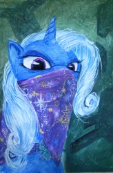 Size: 794x1212 | Tagged: safe, artist:quiet-victories, derpibooru import, trixie, pony, unicorn, angry, bandana, female, glare, looking at you, mare, photoshop, solo, traditional art