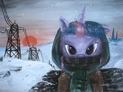 Size: 2592x1944 | Tagged: safe, artist:quiet-victories, derpibooru import, twilight sparkle, pony, unicorn, clothes, female, hoodie, looking at you, mare, photoshop, power line, scarf, snow, snowfall, solo, sunset, traditional art, unicorn twilight, winter