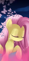 Size: 400x835 | Tagged: dead source, safe, artist:loyaldis, derpibooru import, fluttershy, butterfly, pegasus, pony, crying, eyes closed, female, mare, raised hoof, solo