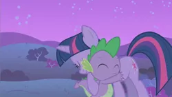 Size: 853x480 | Tagged: safe, derpibooru import, screencap, spike, twilight sparkle, dragon, pony, unicorn, owl's well that ends well, duo, eyes closed, female, hug, male, mare, night, smiling, spikelove