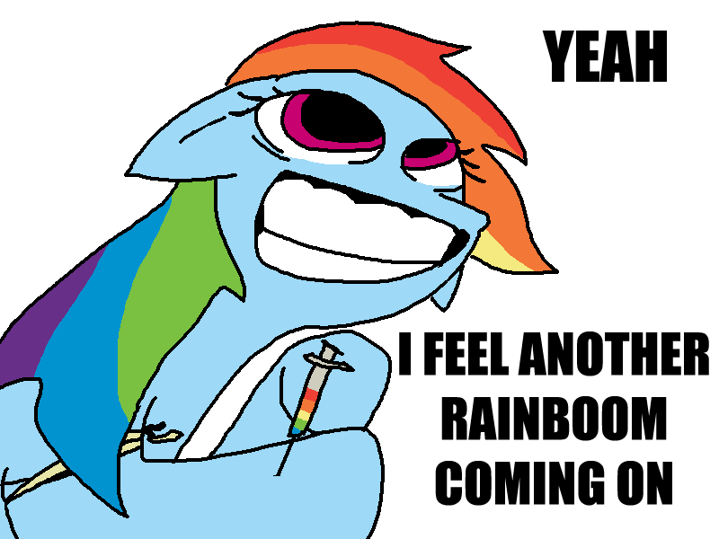 Size: 800x600 | Tagged: safe, artist:the weaver, derpibooru import, rainbow dash, pegasus, pony, dilated pupils, drugs, female, floppy ears, grin, heroin, high, mare, needle, rainbow, simple background, smiling, solo, syringe, text, white background